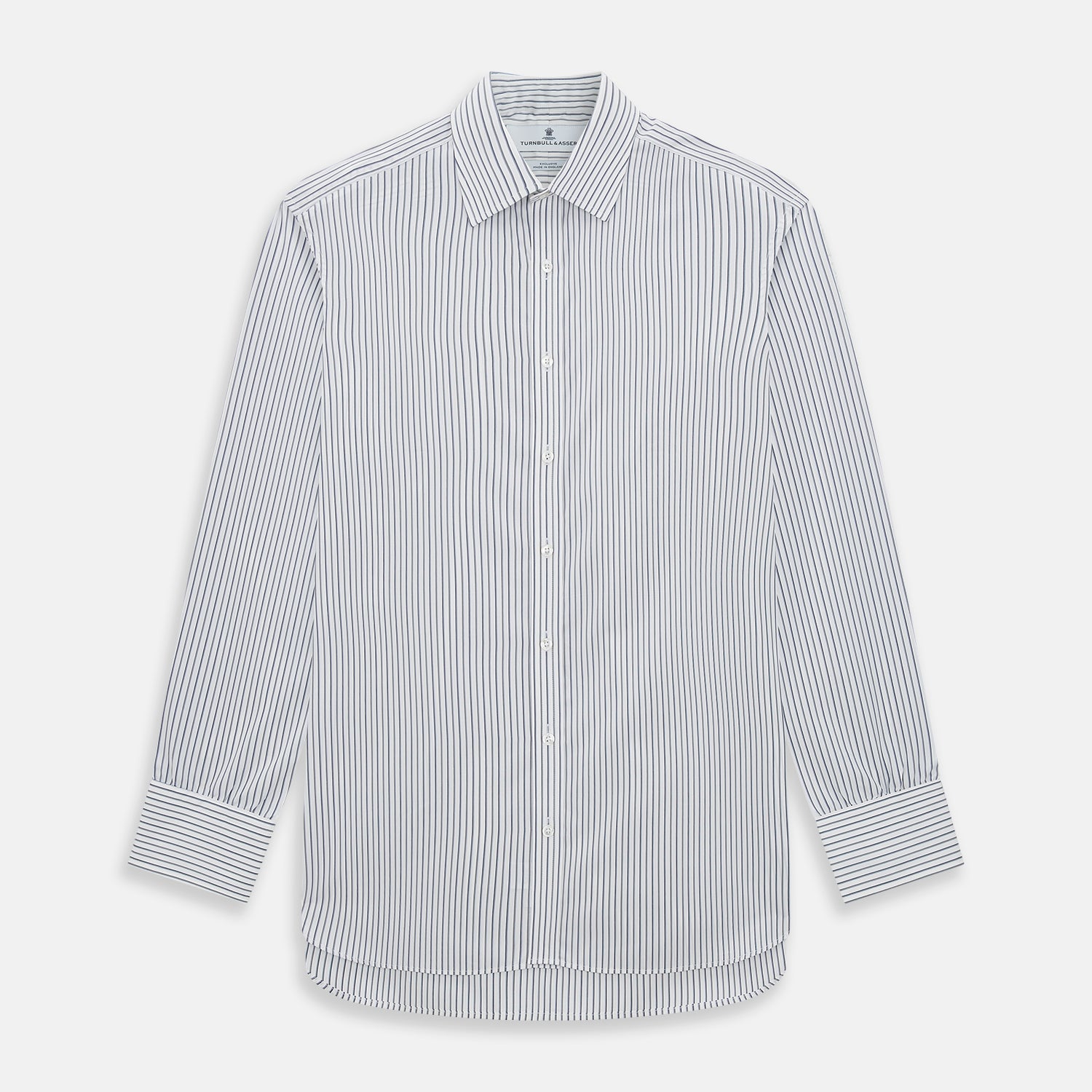 View 1 of product The Turnbull & Asser Brown and Blue Shadow Stripe Mayfair Shirt, featuring long sleeves, a pointed collar, and buttoned cuffs, is crafted from Italian fabric with vertical stripes and shown laid flat on a white background.