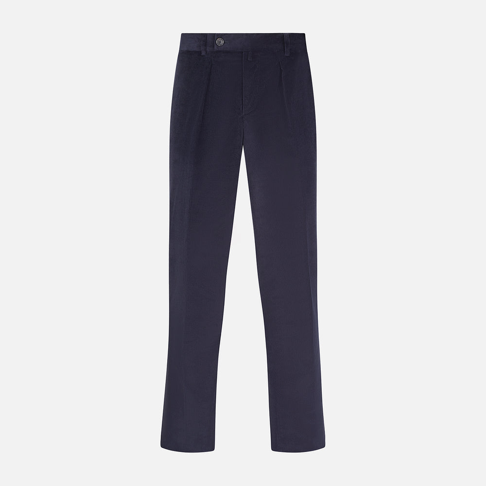 Turnbull & Asser’s Navy Corduroy Edward Trousers feature a straight-leg cut, button closure, and side pockets, shown on a plain white background.