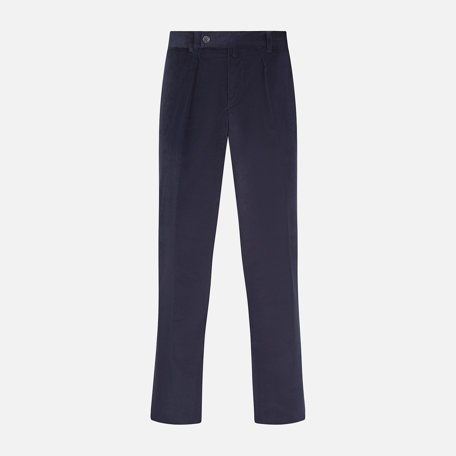 View 1 of product Turnbull & Asser’s Navy Corduroy Edward Trousers feature a straight-leg cut, button closure, and side pockets, shown on a plain white background.