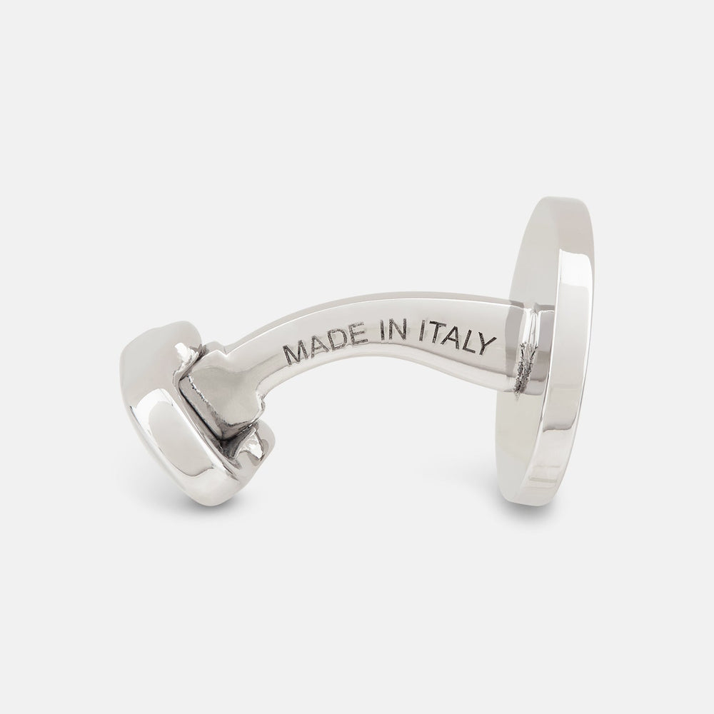 Turnbull & Asser’s Navy Circle Cufflinks feature round sterling silver with deep navy faces, shown on a white background—a classic men’s accessory.