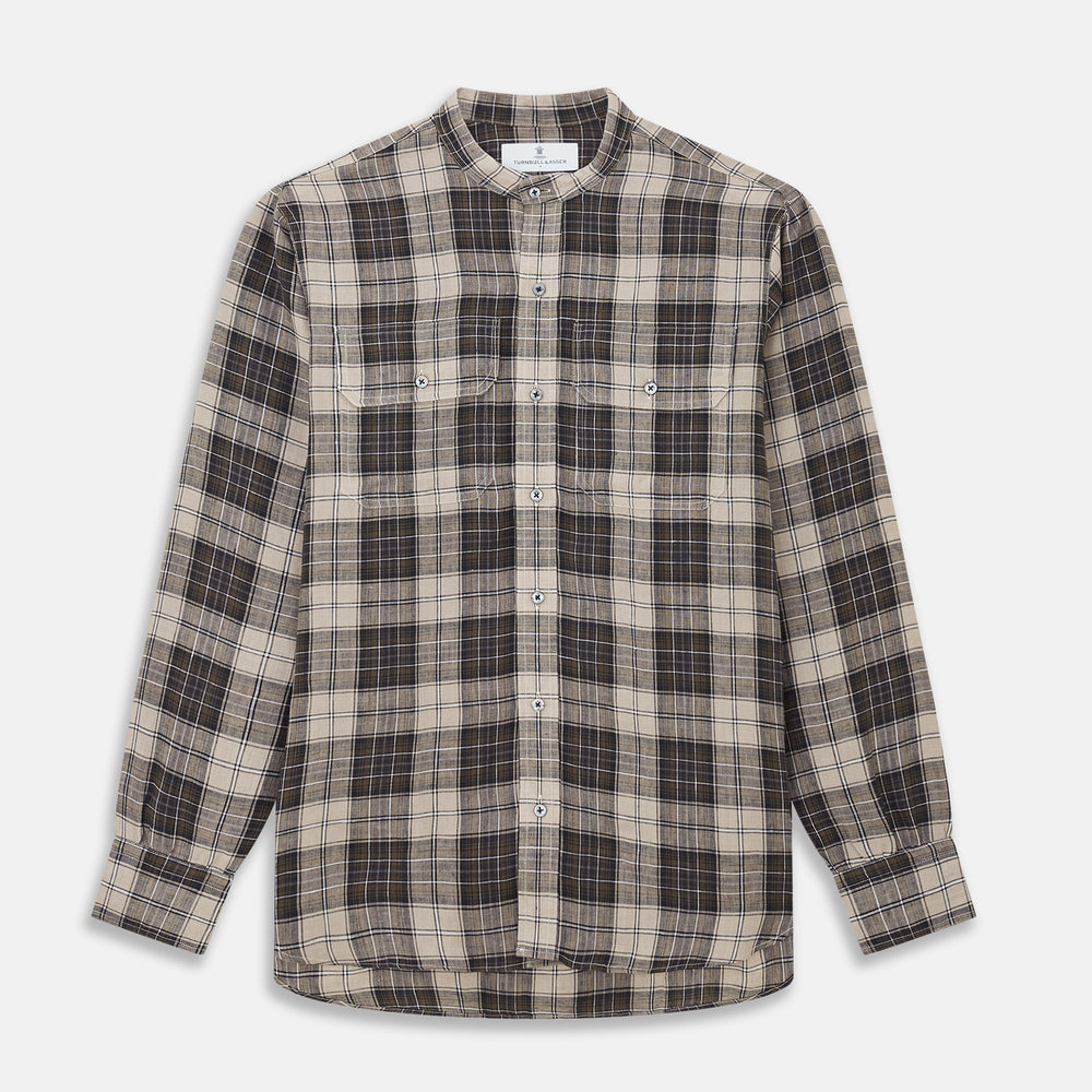 The Brown Multi Check Linen Weekend Fit Unwin Shirt by Turnbull & Asser features a beige, brown, and black plaid pattern, stand collar, button-up front, long sleeves, and two buttoned chest pockets.