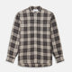 The Brown Multi Check Linen Weekend Fit Unwin Shirt by Turnbull & Asser features a beige, brown, and black plaid pattern, stand collar, button-up front, long sleeves, and two buttoned chest pockets.