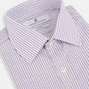View 2 of product The Turnbull & Asser Purple Shadow Stripe Mayfair Shirt features a long-sleeve button-up design with thin vertical blue and white stripes, a T&A collar, and buttoned cuffs, shown on a plain white background.
