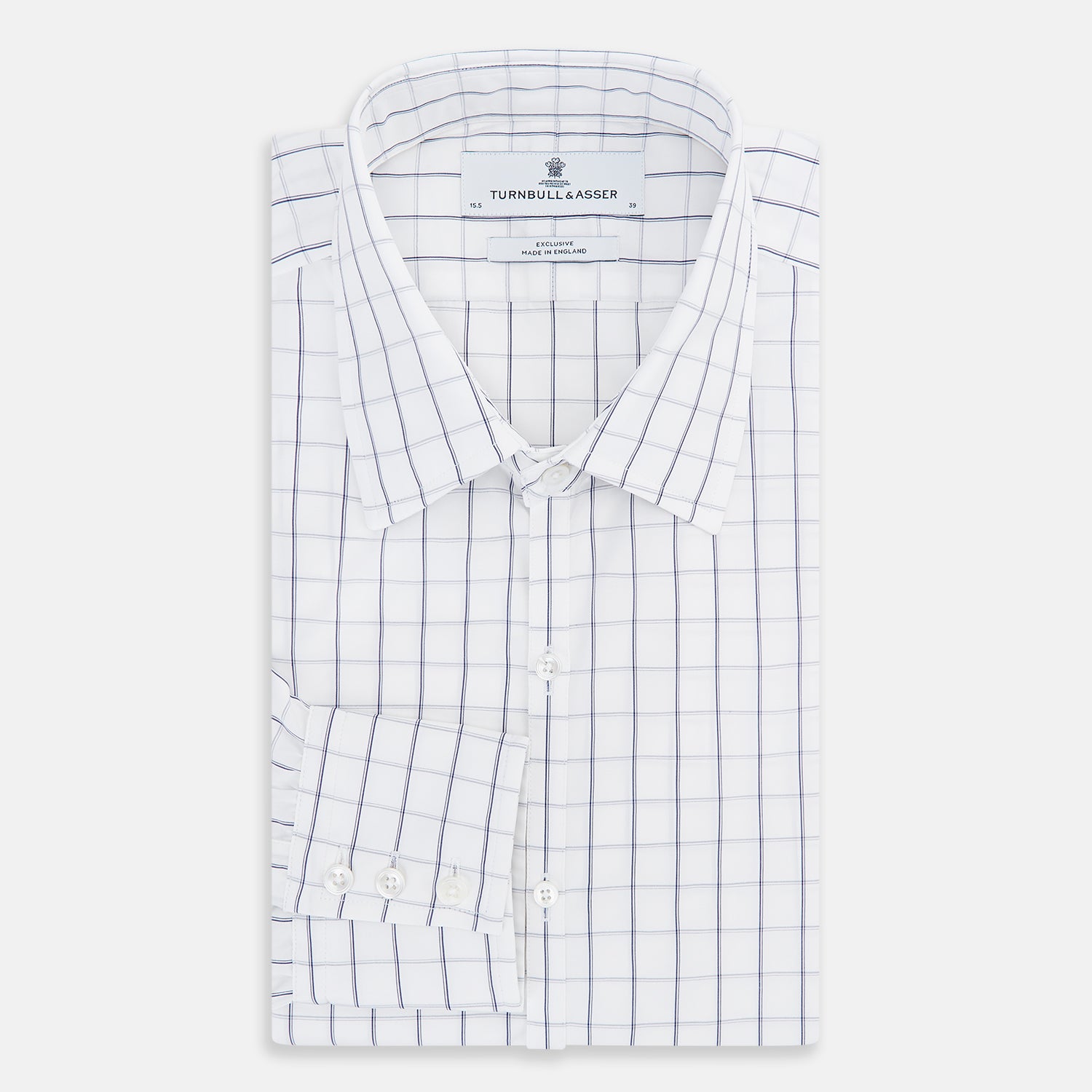 View 5 of product A Dark Navy Double-Line Checked Westminster Shirt by Turnbull & Asser, featuring button-down front, pointed collar, and buttoned cuffs—displaying British craftsmanship—laid flat on a white background.