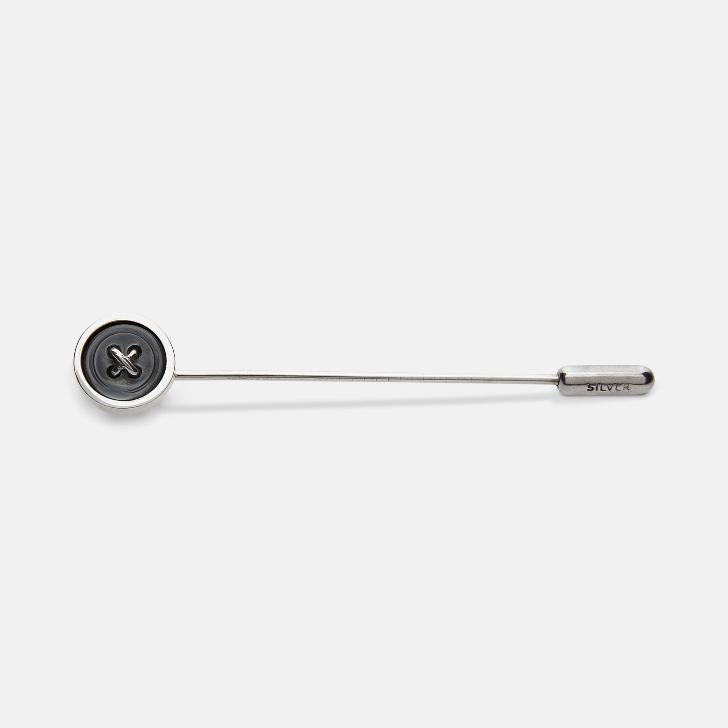 View 1 of product The Turnbull & Asser Sterling Silver Tie Pin features a black button design on one end and a metallic cap engraved with "SILVER" on the other, displayed against a plain white background.