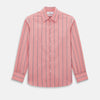 View 1 of product The Coral Pink Track Stripe Westminster Shirt by Turnbull & Asser features vertical navy and white stripes, a tailored fit, pointed collar, and buttoned cuffs—is displayed laid flat on a white background.