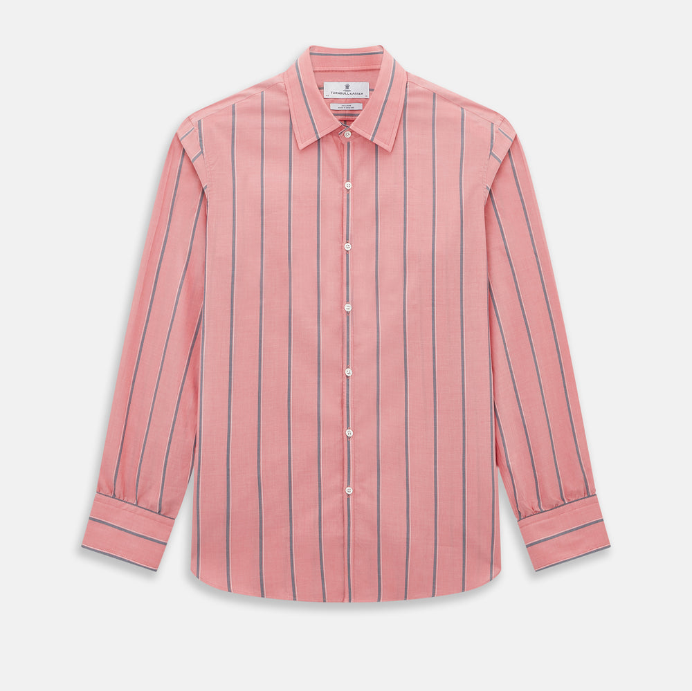 The Coral Pink Track Stripe Westminster Shirt by Turnbull & Asser features vertical navy and white stripes, a tailored fit, pointed collar, and buttoned cuffs—is displayed laid flat on a white background.