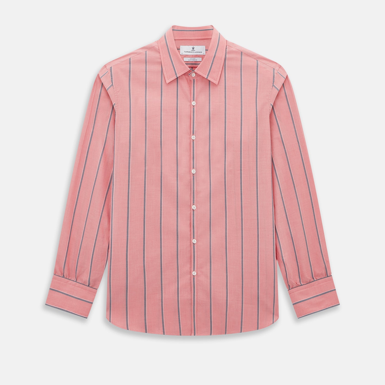 View 1 of product The Coral Pink Track Stripe Westminster Shirt by Turnbull & Asser features vertical navy and white stripes, a tailored fit, pointed collar, and buttoned cuffs—is displayed laid flat on a white background.