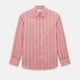 The Coral Pink Track Stripe Westminster Shirt by Turnbull & Asser features vertical navy and white stripes, a tailored fit, pointed collar, and buttoned cuffs—is displayed laid flat on a white background.