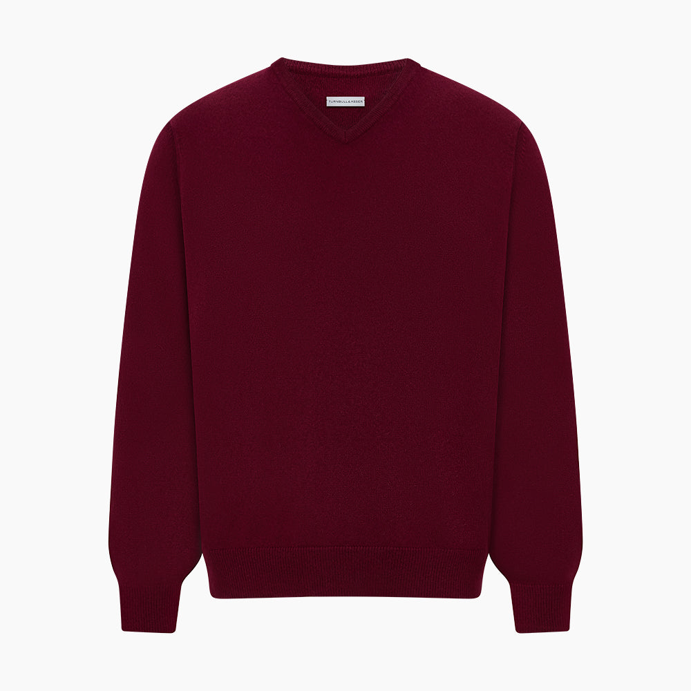 The Turnbull & Asser Burgundy Cashmere V-neck Jumper is shown on a white background.