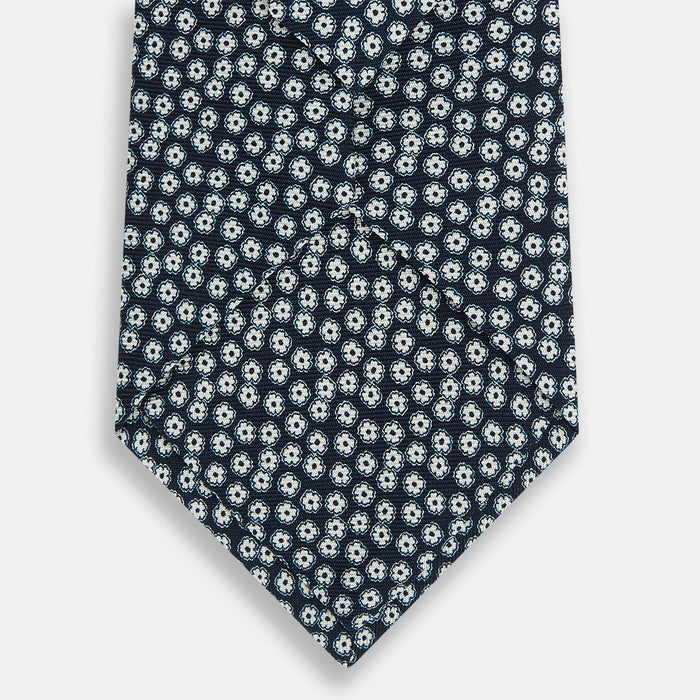 Navy Flower Patterned Printed Silk Tie Image 2