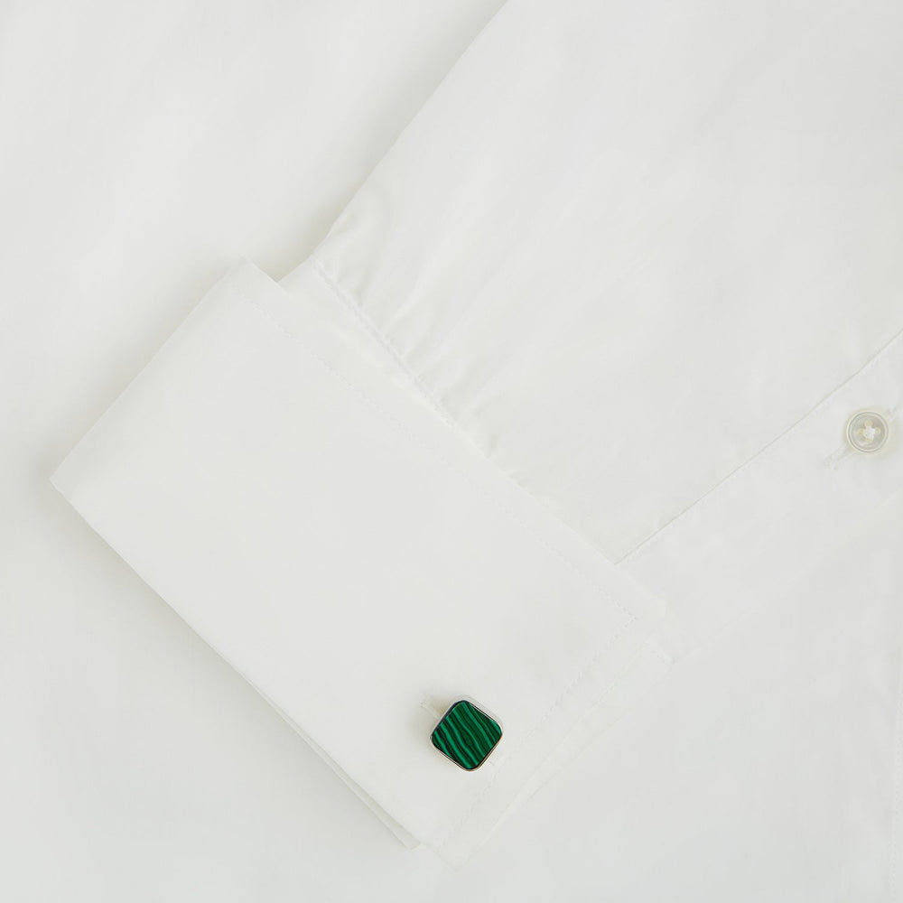 Turnbull & Asser Malachite Square Cufflinks feature green, wavy-striped stone inlays set in sterling silver and are shown against a white background.