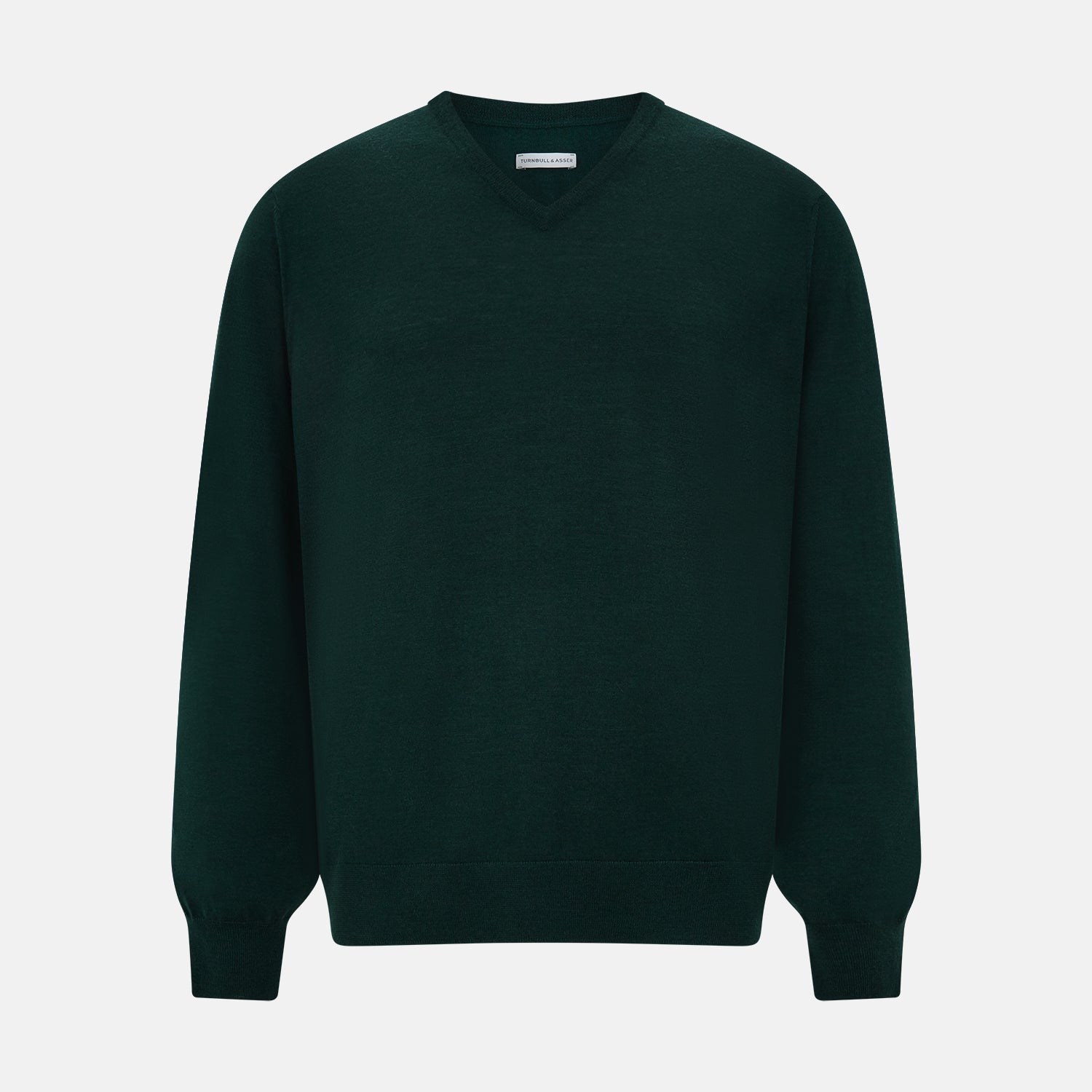 View 1 of product The Turnbull & Asser Petrol Green Merino V-Neck Jumper features long sleeves and ribbed cuffs and hem—an essential knitwear piece, shown against a white background.