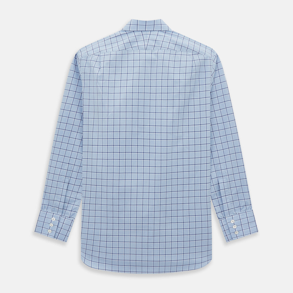 The Turnbull & Asser Blue and Navy Windowpane Mayfair Shirt features long sleeves, a T&A collar, buttoned cuffs, and Italian cotton in a blue and navy windowpane pattern, shown on a plain white background.