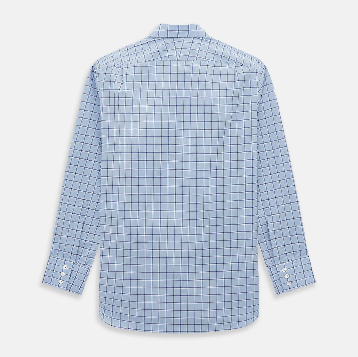 View 3 of product The Turnbull & Asser Blue and Navy Windowpane Mayfair Shirt features long sleeves, a T&A collar, buttoned cuffs, and Italian cotton in a blue and navy windowpane pattern, shown on a plain white background.