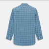 View 3 of product The Turnbull & Asser Steel Grey Grid Check Mayfair Shirt is a long-sleeve, button-up shirt in light blue Italian cotton, shown against a plain white background.