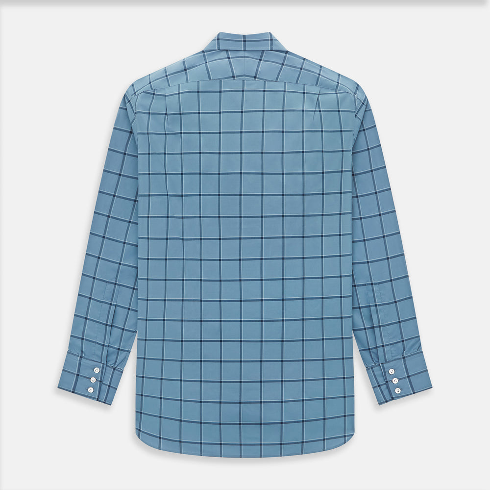 The Turnbull & Asser Steel Grey Grid Check Mayfair Shirt is a long-sleeve, button-up shirt in light blue Italian cotton, shown against a plain white background.