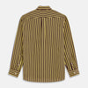 View 5 of product The Turnbull & Asser Yellow and Burgundy Candy Stripe Silk Weekend Fit Harold Shirt features long sleeves, a classic collar, white buttons, and a tailored design.