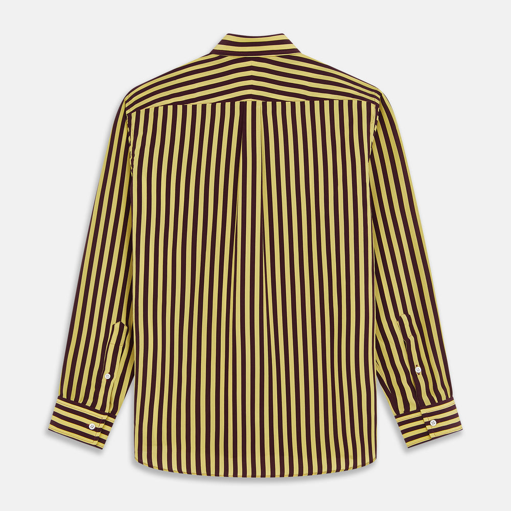 The Turnbull & Asser Yellow and Burgundy Candy Stripe Silk Weekend Fit Harold Shirt features long sleeves, a classic collar, white buttons, and a tailored design.