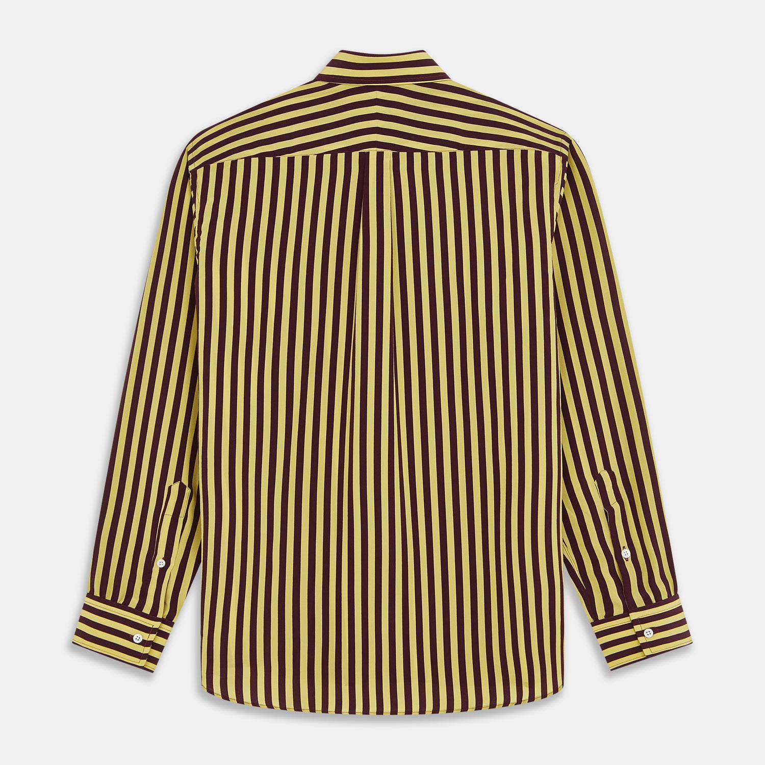 View 5 of product The Turnbull & Asser Yellow and Burgundy Candy Stripe Silk Weekend Fit Harold Shirt features long sleeves, a classic collar, white buttons, and a tailored design.