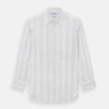 View 1 of product The Purple and Rose Multi Stripe Mayfair Shirt by Turnbull & Asser features thin blue, red, and gray stripes on white, a classic collar, and long sleeves. This British design is displayed on a plain white surface.