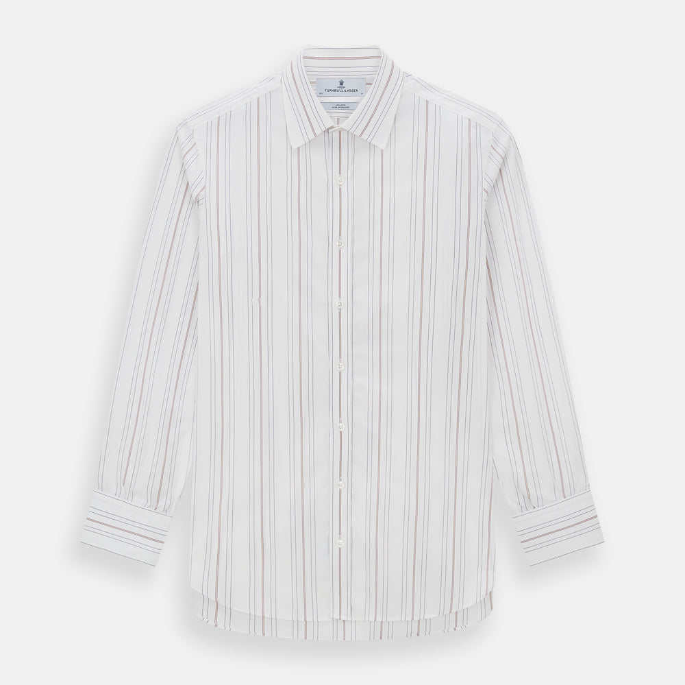 The Purple and Rose Multi Stripe Mayfair Shirt by Turnbull & Asser features thin blue, red, and gray stripes on white, a classic collar, and long sleeves. This British design is displayed on a plain white surface.