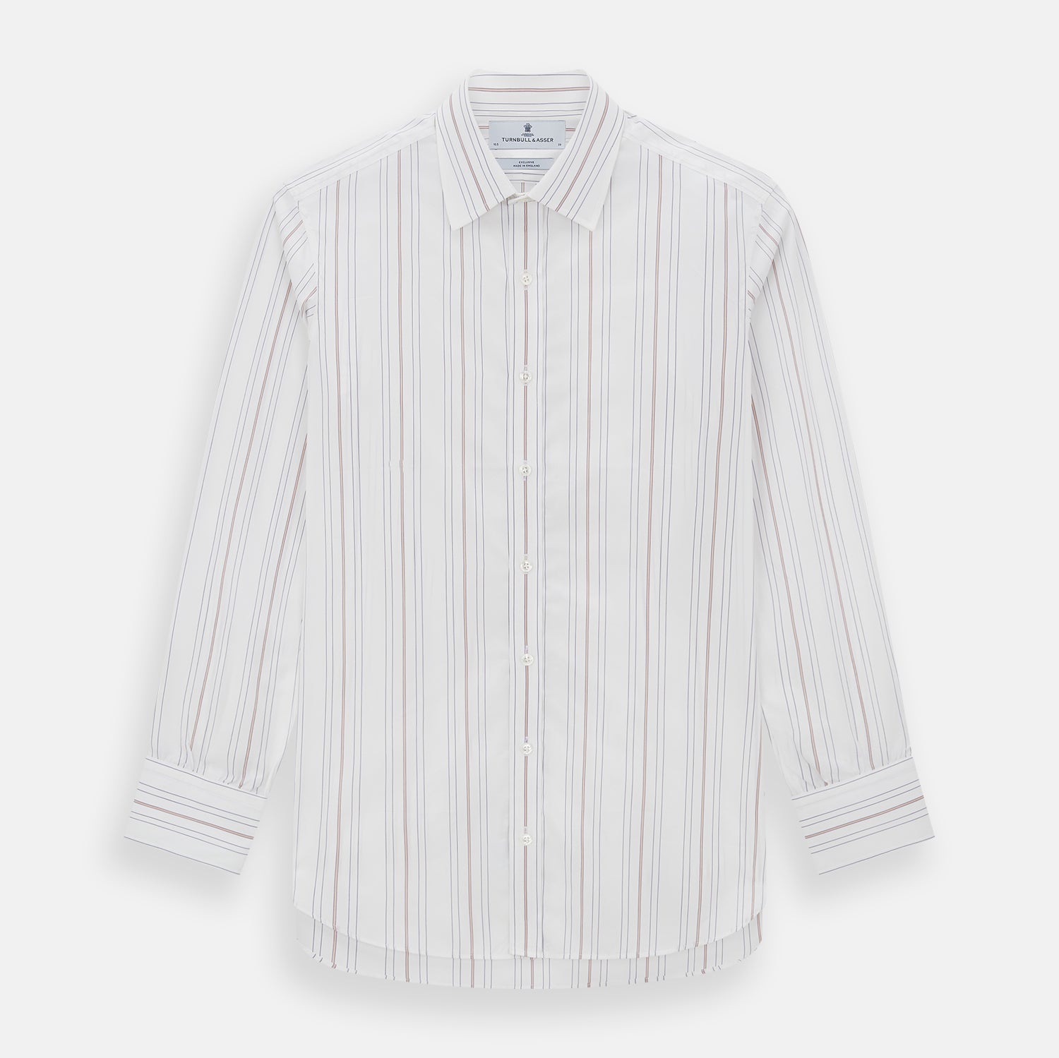 View 1 of product The Purple and Rose Multi Stripe Mayfair Shirt by Turnbull & Asser features thin blue, red, and gray stripes on white, a classic collar, and long sleeves. This British design is displayed on a plain white surface.