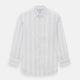 The Purple and Rose Multi Stripe Mayfair Shirt by Turnbull & Asser features thin blue, red, and gray stripes on white, a classic collar, and long sleeves. This British design is displayed on a plain white surface.