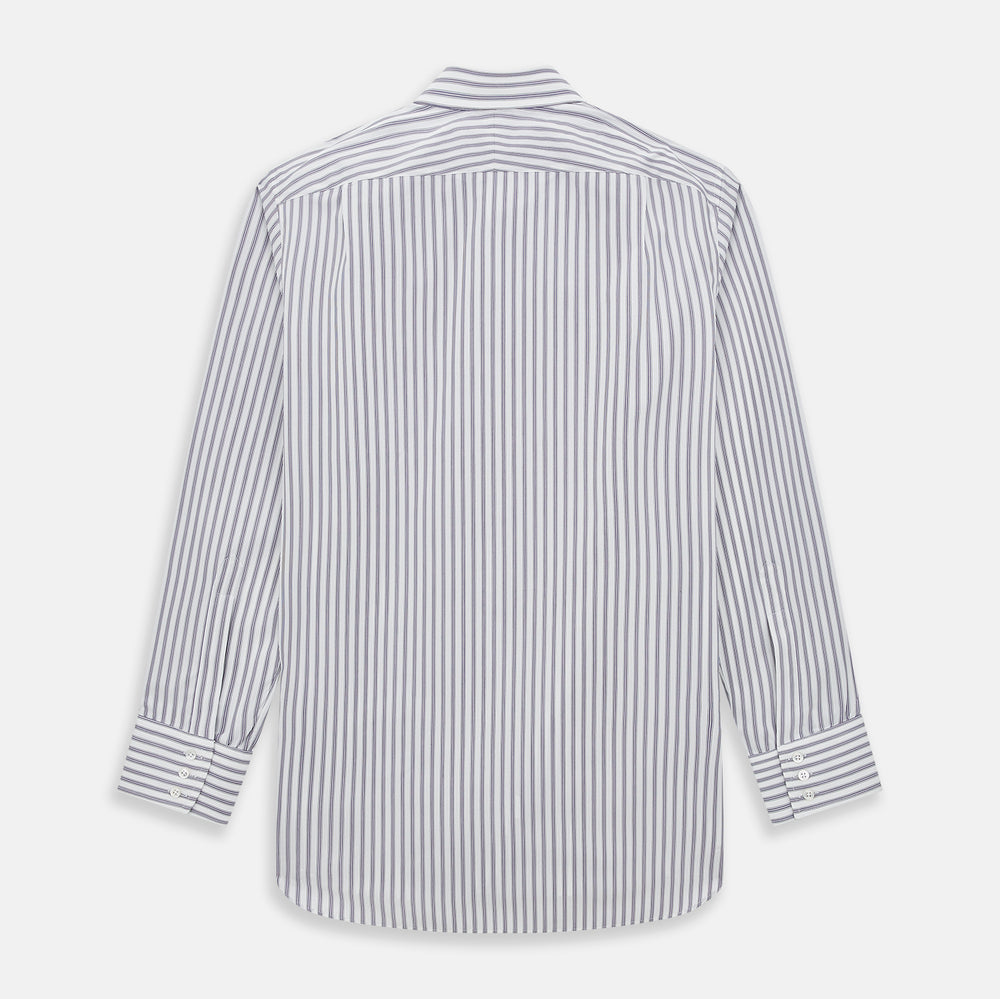 The Purple Multi Stripe Mayfair Shirt from Turnbull & Asser is a pure cotton, collared long-sleeve shirt with white and gray vertical stripes and buttoned cuffs, displayed flat on a white background.