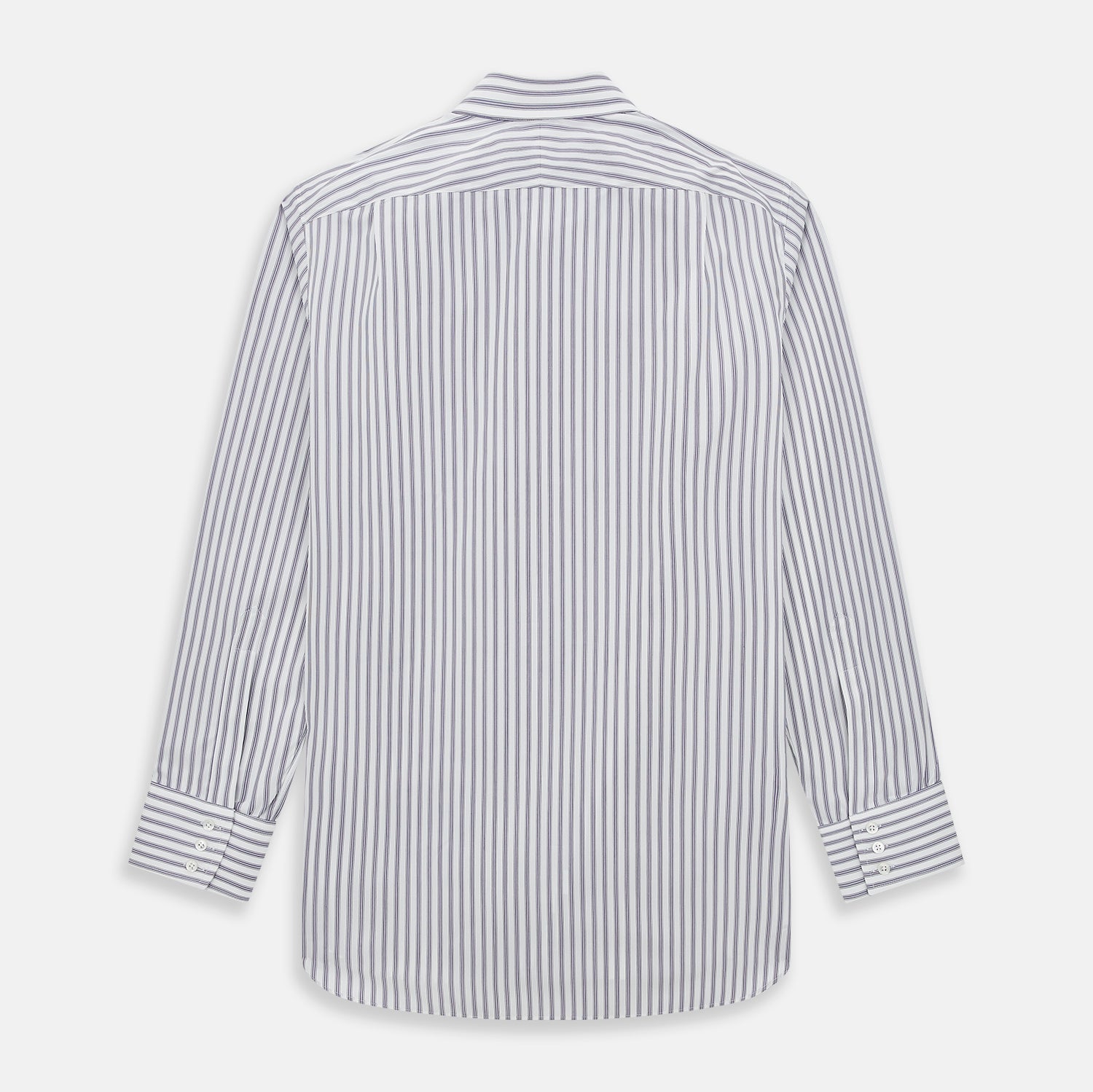 View 3 of product The Purple Multi Stripe Mayfair Shirt from Turnbull & Asser is a pure cotton, collared long-sleeve shirt with white and gray vertical stripes and buttoned cuffs, displayed flat on a white background.
