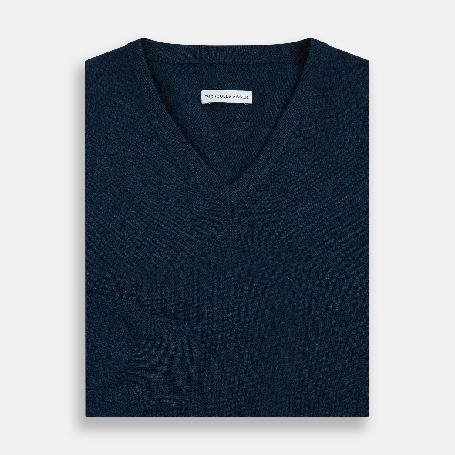 View 4 of product The Turnbull & Asser Dark Green Melange Cashmere V-neck Jumper features long sleeves, ribbed cuffs and hem—an essential piece of classic knitwear displayed on a white background.