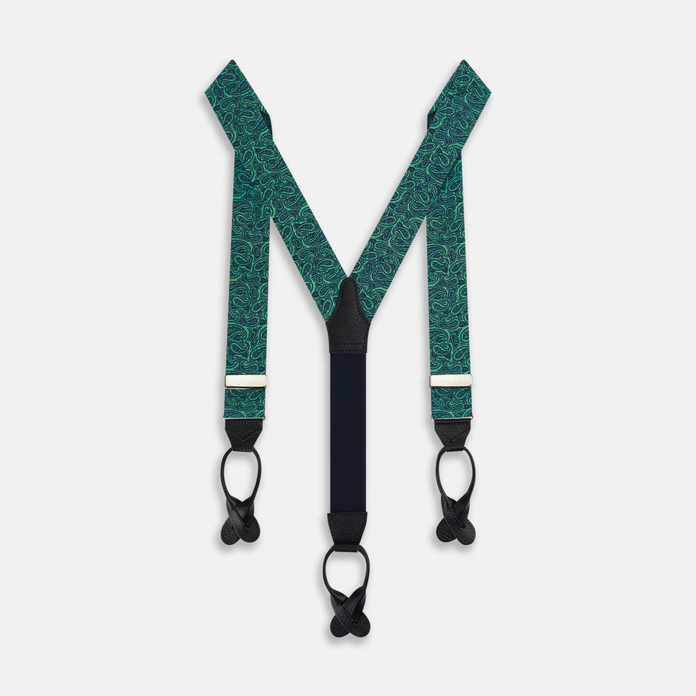 Turnbull & Asser's Kelly Green Paisley Adjustable Silk and Navy Leather Braces feature a bold paisley pattern, adjustable fit, and navy leather detailing. Shown flat on a white background—ideal for refined, elegant styling.