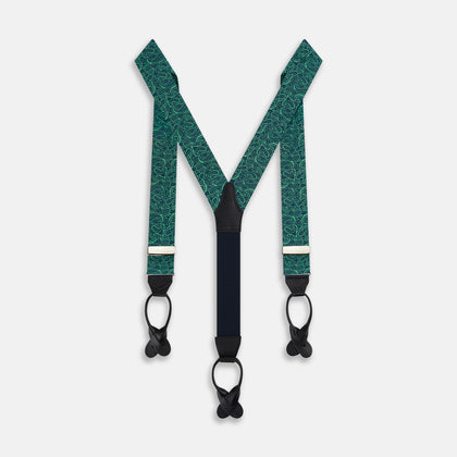 Kelly Green Paisley Adjustable Silk and Navy Leather Braces