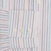 View 4 of product The Pink and Blue Multi Double Pinstripe Mayfair Shirt by Turnbull & Asser is a long-sleeve, button-up with a T&A collar, buttoned cuffs, and thin blue, red, and white stripes on a light background for a classic, formal look.