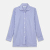 View 1 of product The Turnbull & Asser Pale Blue Candy Stripe Cotton Marlene Shirt is an oversized women's collared shirt with long sleeves, buttoned cuffs, and vertical blue and white stripes, shown laid flat on a white background.