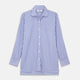 The Turnbull & Asser Pale Blue Candy Stripe Cotton Marlene Shirt is an oversized women's collared shirt with long sleeves, buttoned cuffs, and vertical blue and white stripes, shown laid flat on a white background.