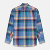 View 5 of product The Blue Multi Check Linen Weekend Fit Suffolk Shirt by Turnbull & Asser features a classic collar, white buttons, chest pocket, and colorful blue, green, yellow, red, and white plaid—perfect for a casual weekend look.