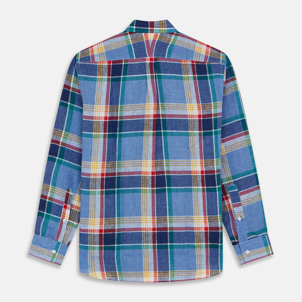 The Blue Multi Check Linen Weekend Fit Suffolk Shirt by Turnbull & Asser features a classic collar, white buttons, chest pocket, and colorful blue, green, yellow, red, and white plaid—perfect for a casual weekend look.
