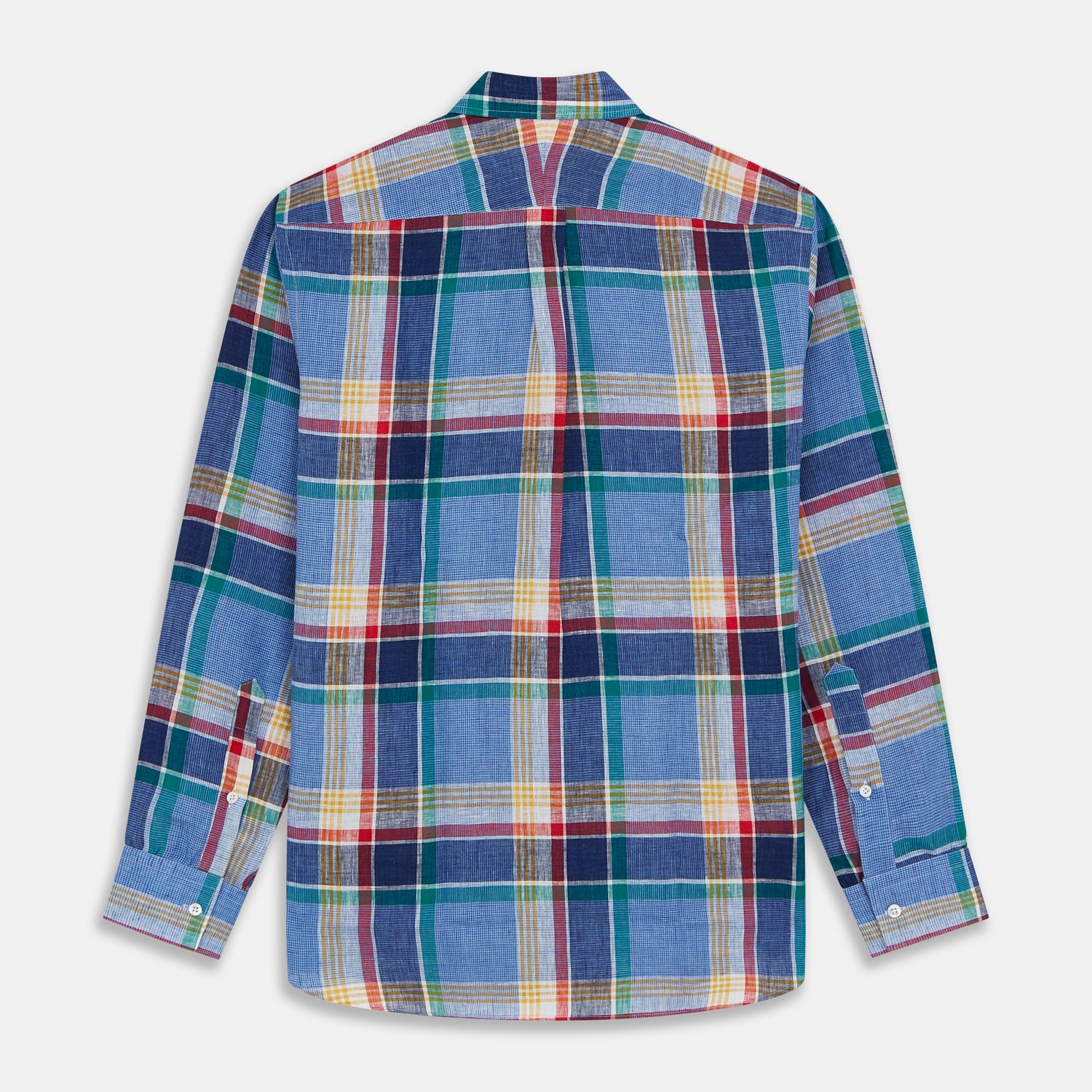 View 5 of product The Blue Multi Check Linen Weekend Fit Suffolk Shirt by Turnbull & Asser features a classic collar, white buttons, chest pocket, and colorful blue, green, yellow, red, and white plaid—perfect for a casual weekend look.