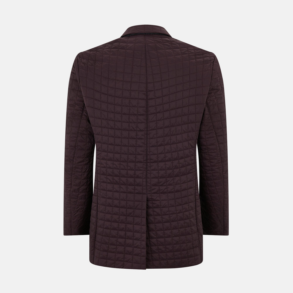 The Fulham Burgundy Single-Breasted Quilted Blazer by Turnbull & Asser features a grid pattern, notch lapel, three buttons, and three front pockets. Shown on a plain white background—ideal for the modern gentleman.
