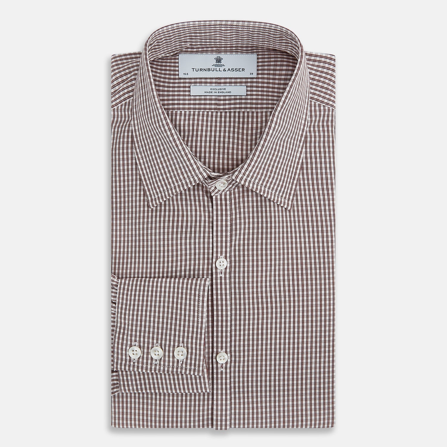 View 4 of product The Turnbull & Asser Burgundy Micro Check Westminster Shirt is a long-sleeved button-up with a classic collar and tailored fit, featuring a subtle micro check pattern, shown against a white background.