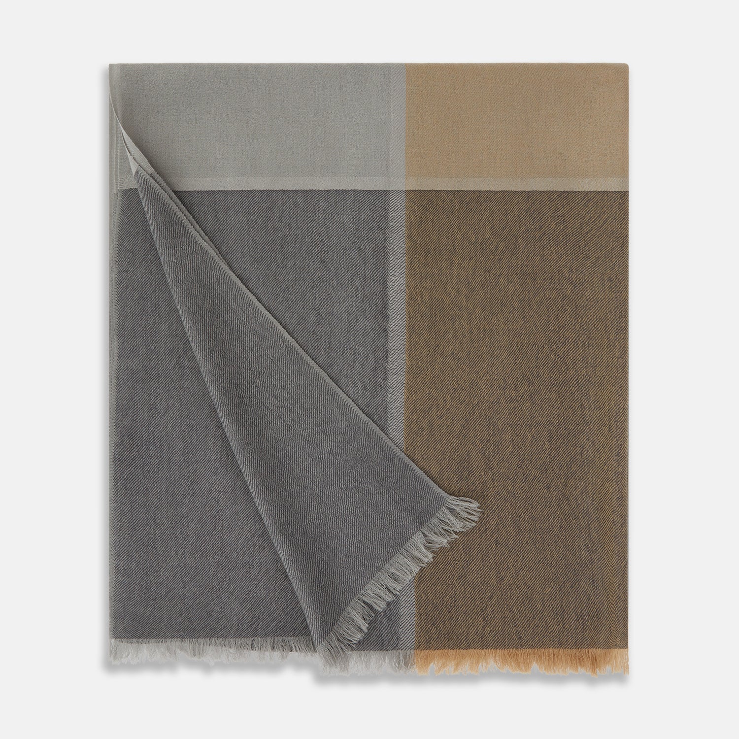 View 3 of product The Turnbull & Asser Grey and Beige Cashmere Scarf features beige, tan, gray, and charcoal color blocks in a rectangular shape with fringed edges at both ends, elegantly displayed against a plain white background.