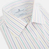 View 2 of product The Turnbull & Asser Rainbow Double Pinstripe Mayfair Shirt is a pure cotton, long-sleeved button-up with a collar and buttoned cuffs, featuring colourful blue, red, and yellow stripes on white, displayed on a plain white background.