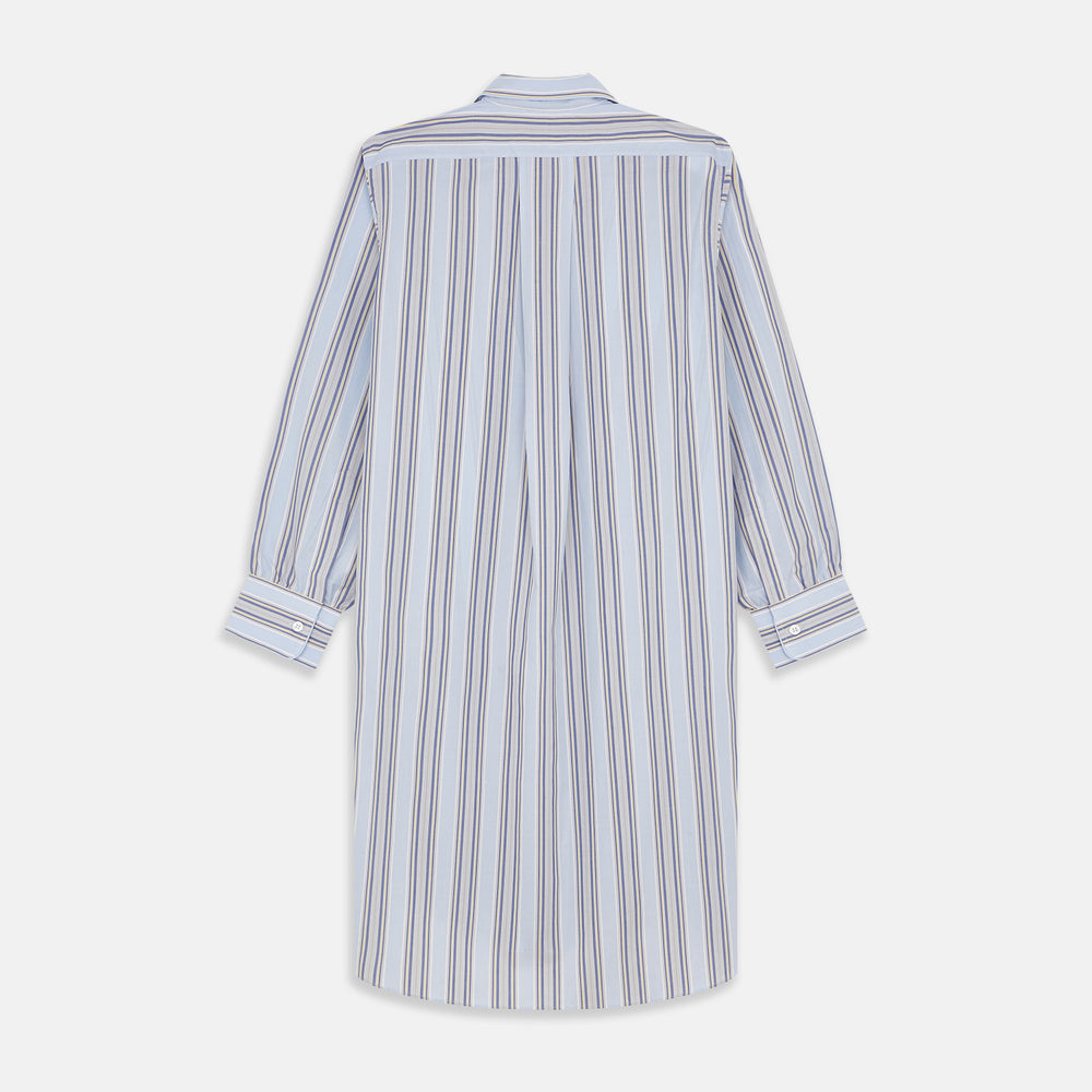 The Pale Blue and Yellow Multi Stripe Cotton Sussex Nightshirt by Turnbull & Asser features long sleeves, a knee-length cut, a collar, button-down front, chest pocket, and rounded hem.