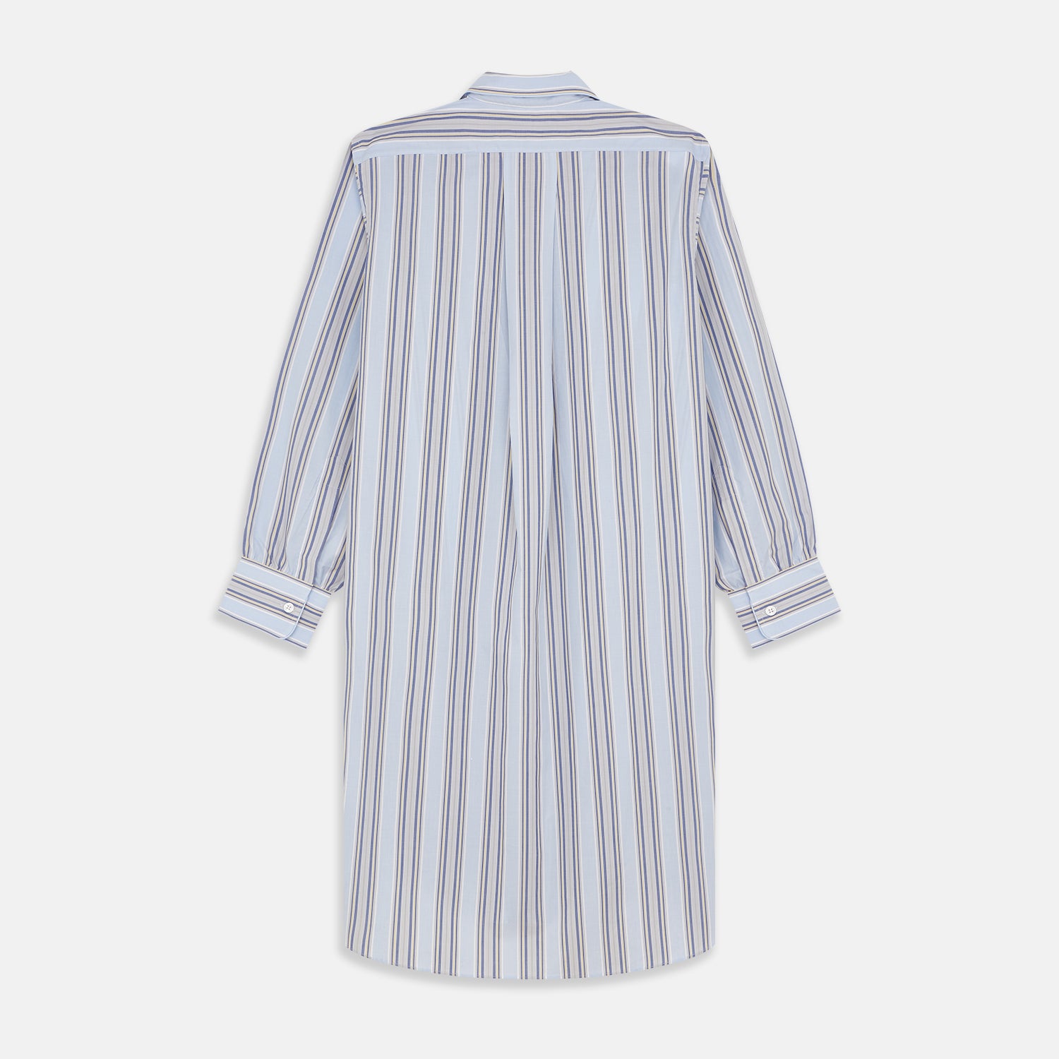 View 5 of product The Pale Blue and Yellow Multi Stripe Cotton Sussex Nightshirt by Turnbull & Asser features long sleeves, a knee-length cut, a collar, button-down front, chest pocket, and rounded hem.