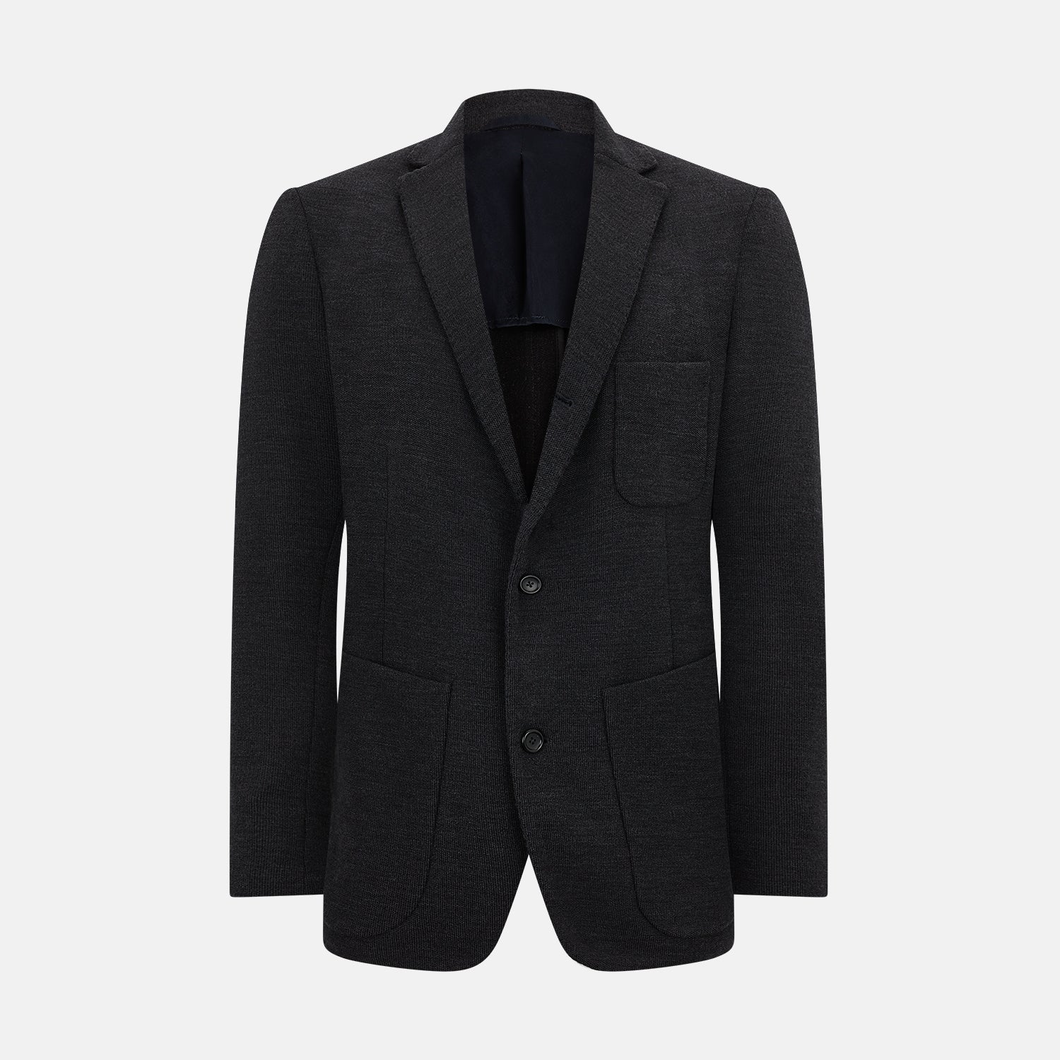 View 1 of product The Turnbull & Asser Charcoal Knitted Oxford Blazer features a notched lapel, two-button closure, and three front pockets, blending modern elegance with British heritage against a plain white background.