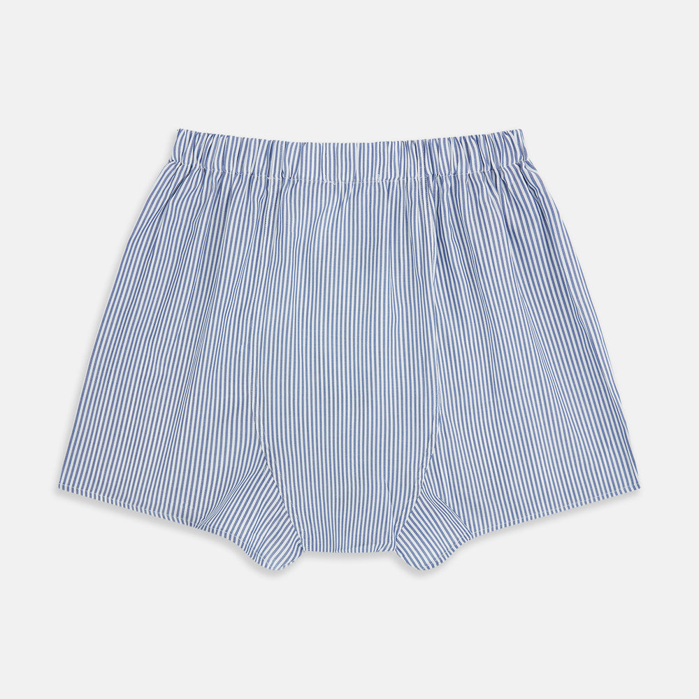 The Navy Bengal Stripe Godfrey Boxer Shorts by Turnbull & Asser feature blue and white vertical stripes, crafted from fine Italian cotton with an elastic waistband—luxury men’s underwear, shown laid flat on a white background.