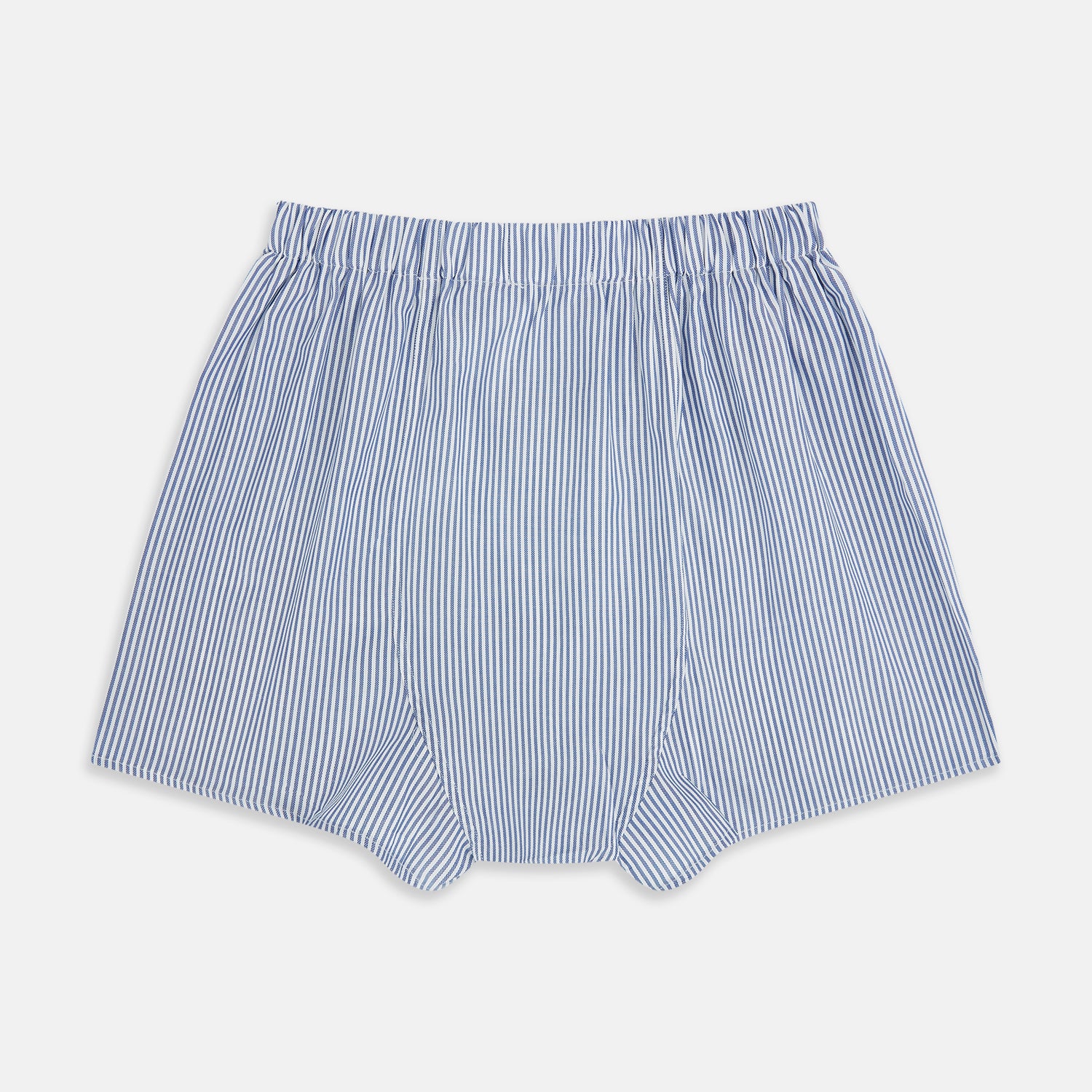 View 2 of product The Navy Bengal Stripe Godfrey Boxer Shorts by Turnbull & Asser feature blue and white vertical stripes, crafted from fine Italian cotton with an elastic waistband—luxury men’s underwear, shown laid flat on a white background.