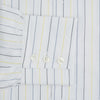 View 4 of product The Navy and Yellow Wide Pinstripe Mayfair Shirt by Turnbull & Asser is a long-sleeve, button-up shirt with wide navy and yellow pinstripes, a collar, and buttoned cuffs, laid flat on a white surface.
