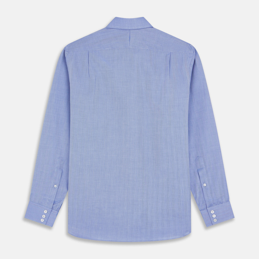 Turnbull & Asser's Blue Herringbone Tailored Fit Shirt with a Kent collar and white buttons is shown laid flat on a white background.